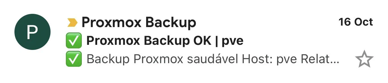 Caixa de entrada com o e-mail &ldquo;Proxmox Backup OK | pve&rdquo; da auditoria diária
