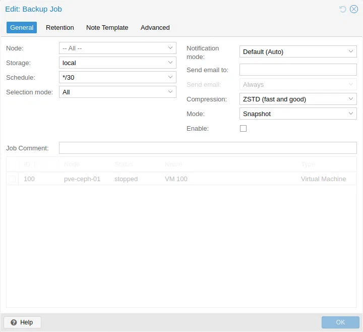 Janela de edição de um job de backup no Proxmox VE, com storage, agendamento, modo snapshot e compressão ZSTD