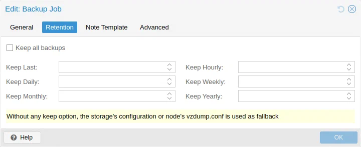 Aba Retention do job de backup no Proxmox VE, com os campos Keep Last, Keep Daily, Keep Weekly, Keep Monthly e Keep Yearly