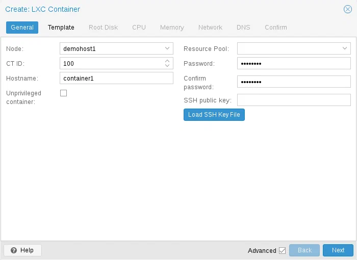 Tela de criação de um container LXC no Proxmox VE, na aba General, com nó, ID, hostname e senha