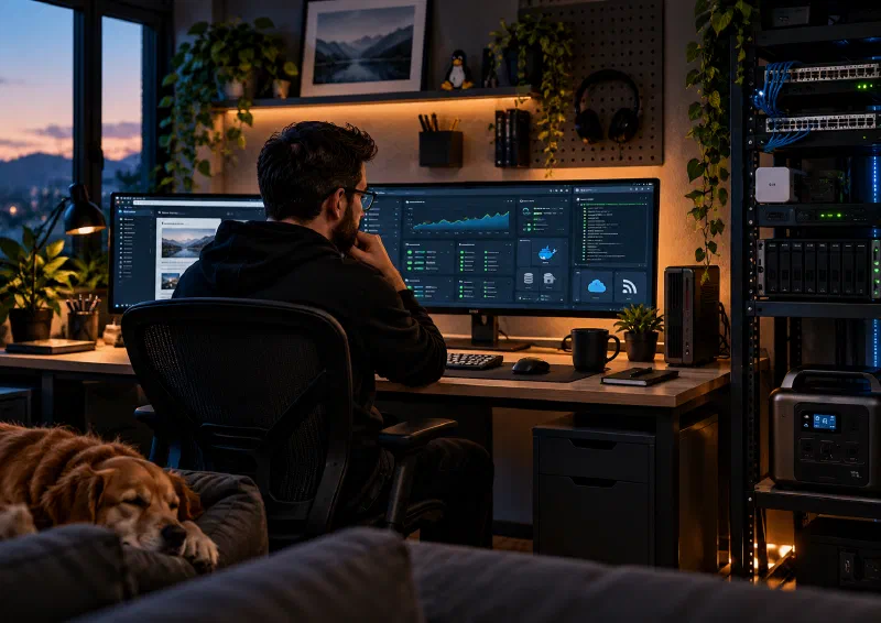 Escritório em casa à noite: uma pessoa diante de dois monitores com painéis do homelab, um rack de rede e uma estação de energia ao lado e um cachorro dormindo no sofá